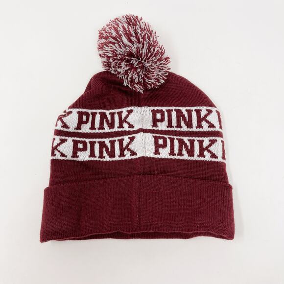 Victorias Secret PINK Burgundy Red White Pom Pom Beanie Hat Foldover Winter Cozy - Picture 2 of 7